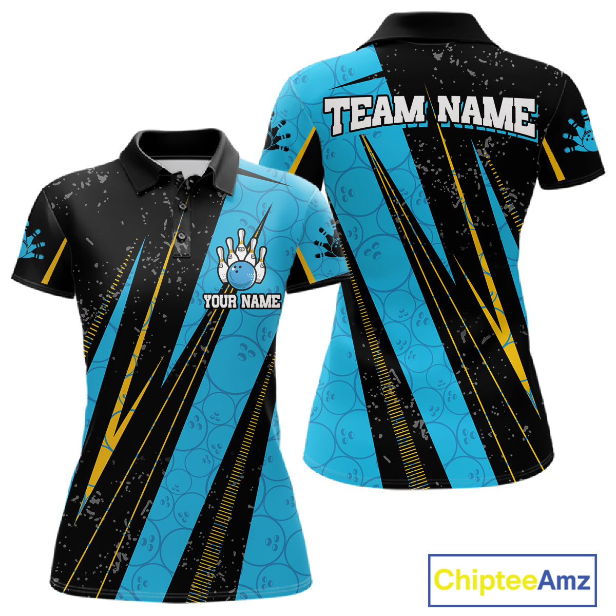 Black, Yellow And Blue Camo Bowling Polo 1/4 Zip Shirts Custom Team Bowling Jerseys For Women NYN4759