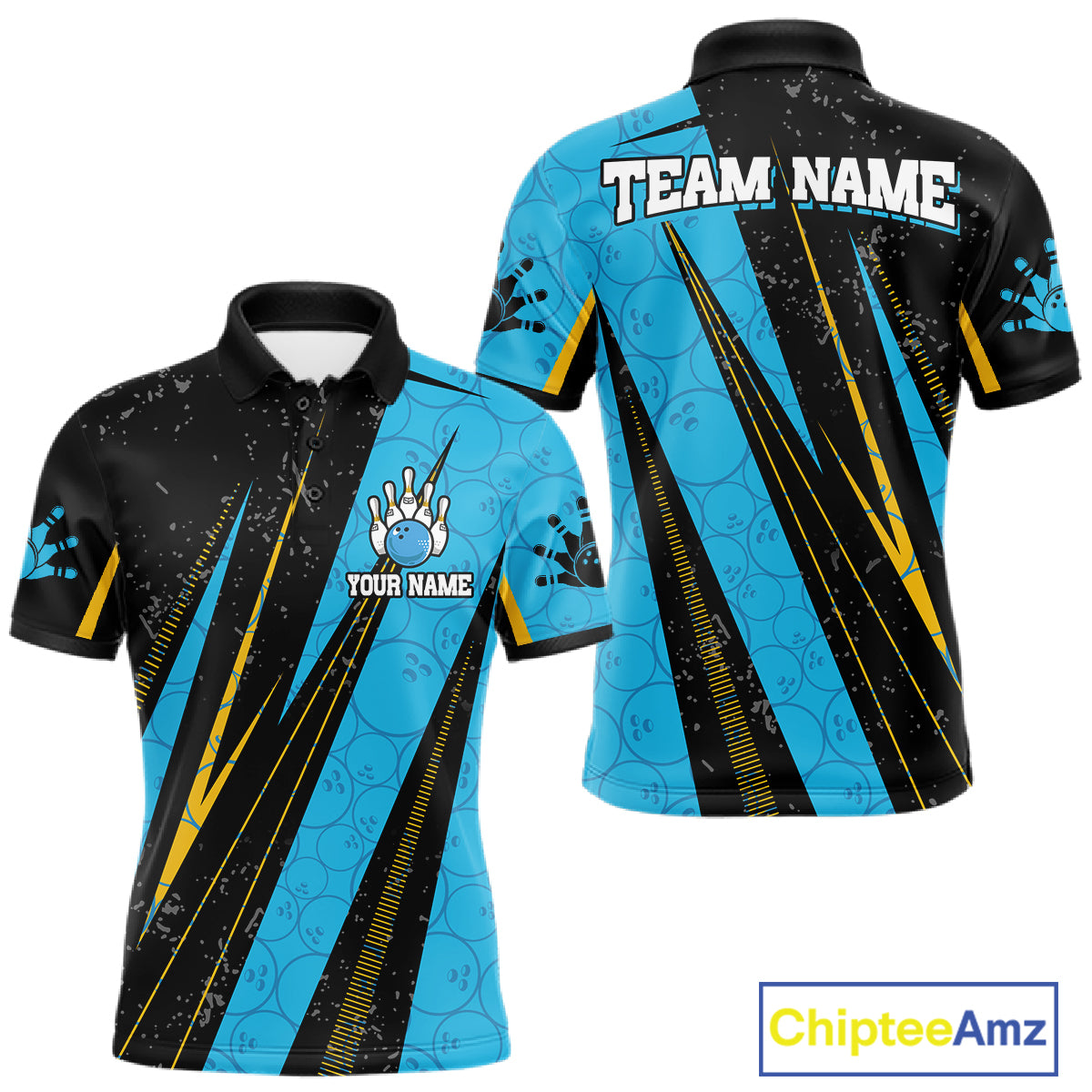 Black, Yellow And Blue Camo Bowling Polo 1/4 Zip Shirts Custom Team Bowling Jerseys For Men NYN4759