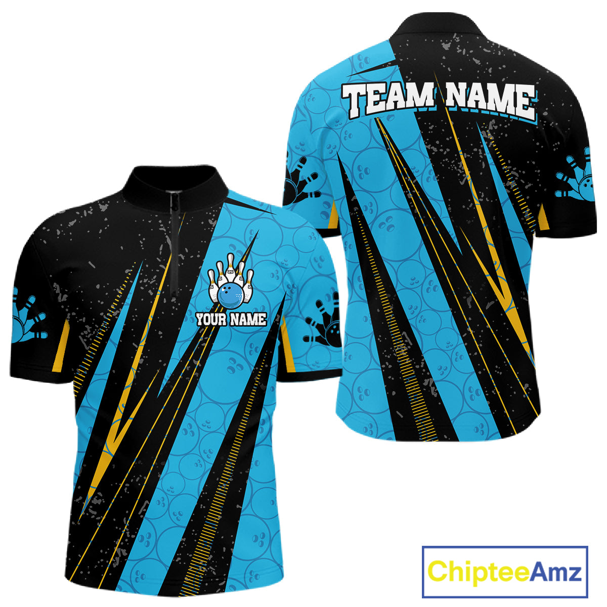 Black, Yellow And Blue Camo Bowling Polo 1/4 Zip Shirts Custom Team Bowling Jerseys For Men NYN4759