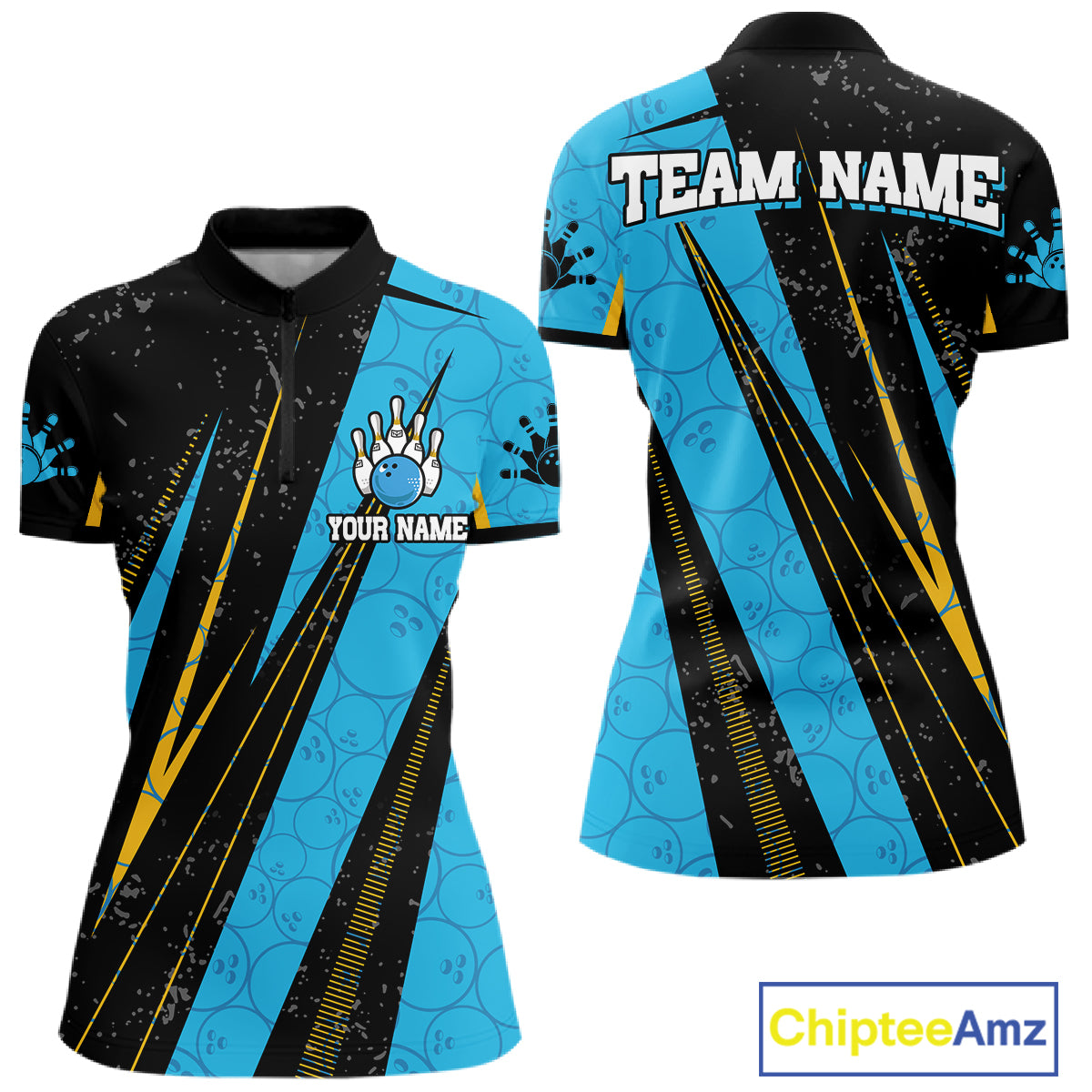 Black, Yellow And Blue Camo Bowling Polo 1/4 Zip Shirts Custom Team Bowling Jerseys For Women NYN4759