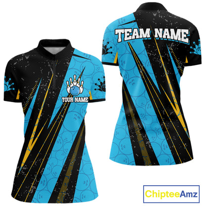 Black, Yellow And Blue Camo Bowling Polo 1/4 Zip Shirts Custom Team Bowling Jerseys For Women NYN4759