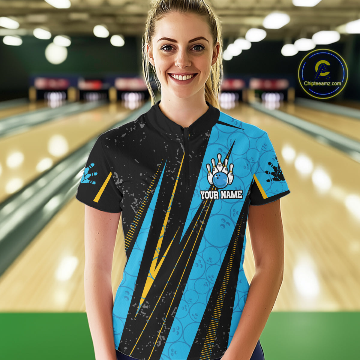 Black, Yellow And Blue Camo Bowling Polo 1/4 Zip Shirts Custom Team Bowling Jerseys For Women NYN4759