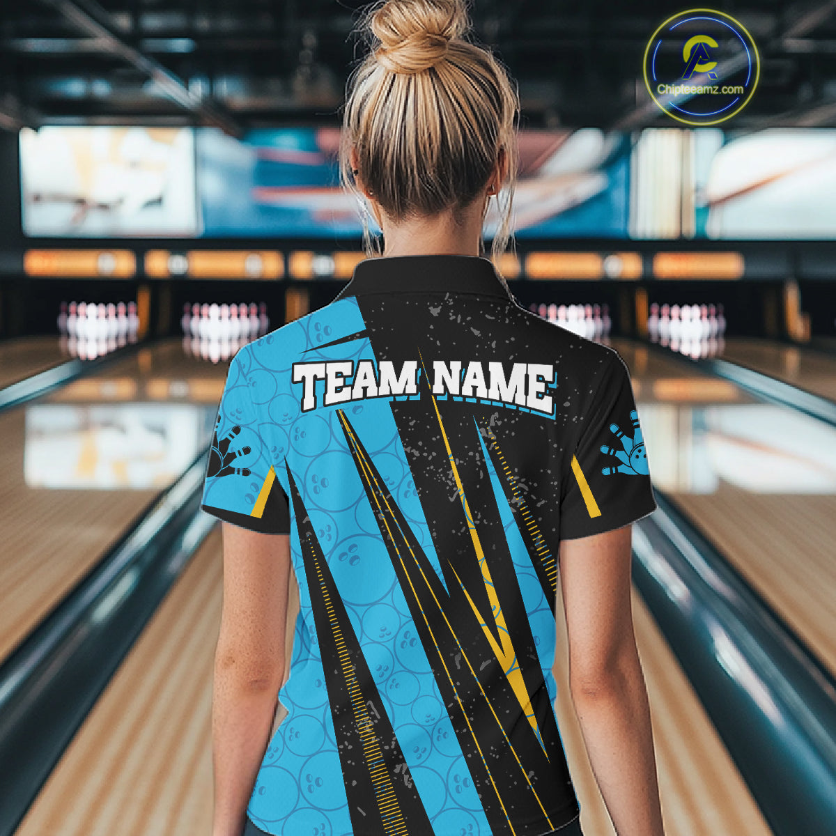 Black, Yellow And Blue Camo Bowling Polo 1/4 Zip Shirts Custom Team Bowling Jerseys For Women NYN4759