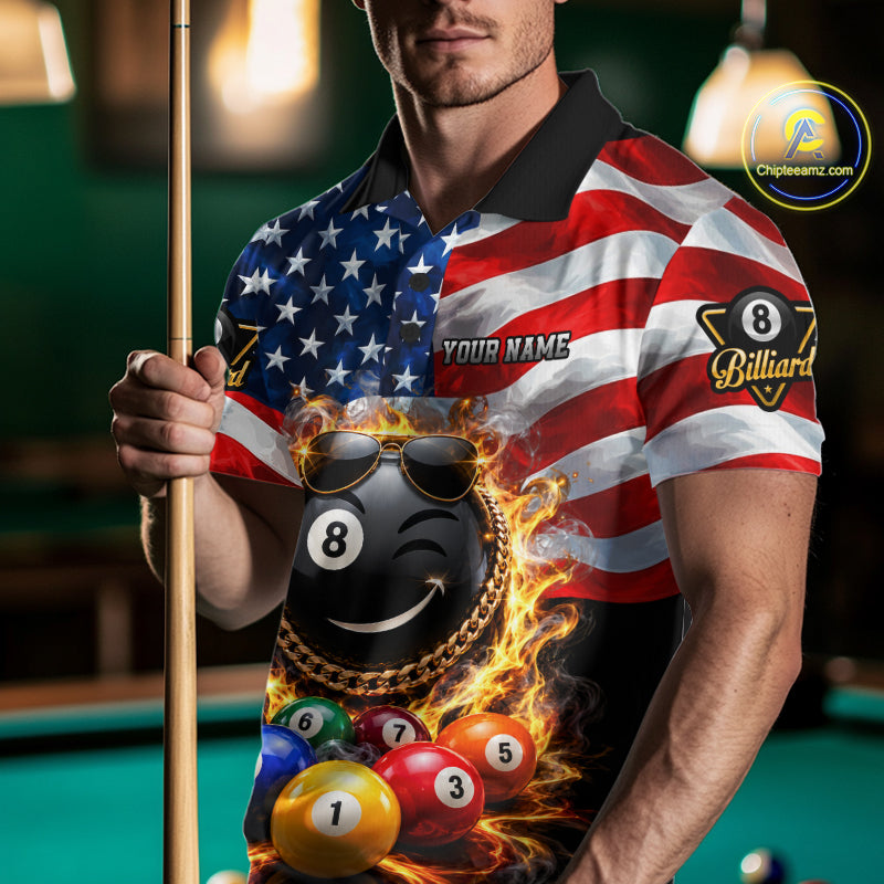 Flame Funny 8 Ball Pool Shirt For Men Custom US Flag Patriotic Billiard Tournament Shirt NYN4763