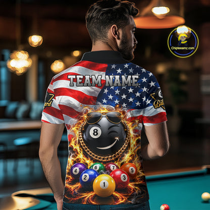 Flame Funny 8 Ball Pool Shirt For Men Custom US Flag Patriotic Billiard Tournament Shirt NYN4763