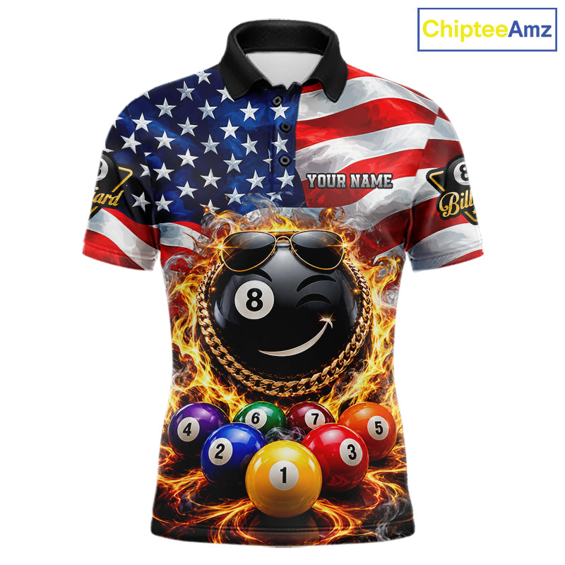 Flame Funny 8 Ball Pool Shirt For Men Custom US Flag Patriotic Billiard Tournament Shirt NYN4763