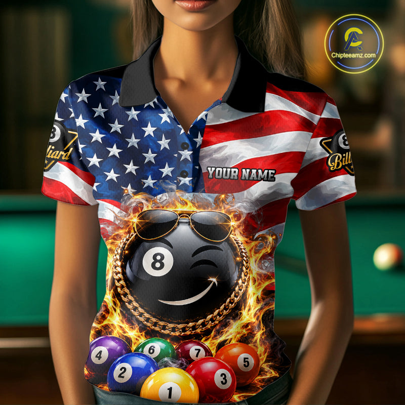 Flame Funny 8 Ball Pool Shirt For Women Custom US Flag Patriotic Billiard Tournament Shirt NYN4763