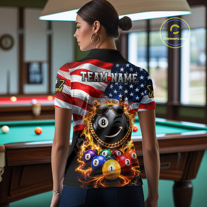 Flame Funny 8 Ball Pool Shirt For Women Custom US Flag Patriotic Billiard Tournament Shirt NYN4763