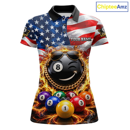 Flame Funny 8 Ball Pool Shirt For Women Custom US Flag Patriotic Billiard Tournament Shirt NYN4763