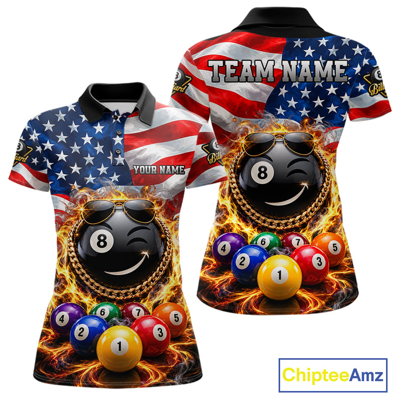Flame Funny 8 Ball Pool Shirt For Women Custom US Flag Patriotic Billiard Tournament Shirt NYN4763