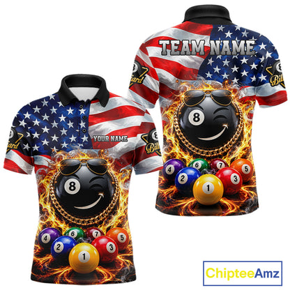 Flame Funny 8 Ball Pool Shirt For Men Custom US Flag Patriotic Billiard Tournament Shirt NYN4763