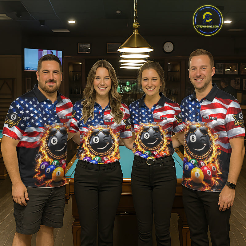 Flame Funny 8 Ball Pool Shirt For Men Custom US Flag Patriotic Billiard Tournament Shirt NYN4763