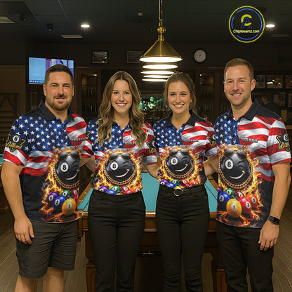 Flame Funny 8 Ball Pool Shirt For Men Custom US Flag Patriotic Billiard Tournament Shirt NYN4763