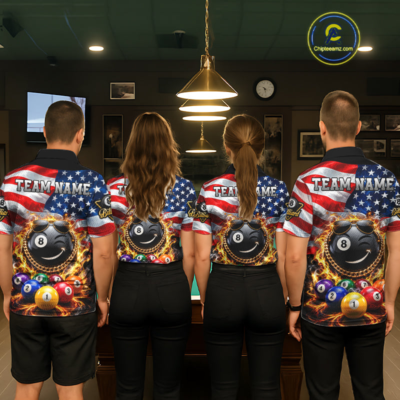 Flame Funny 8 Ball Pool Shirt For Men Custom US Flag Patriotic Billiard Tournament Shirt NYN4763