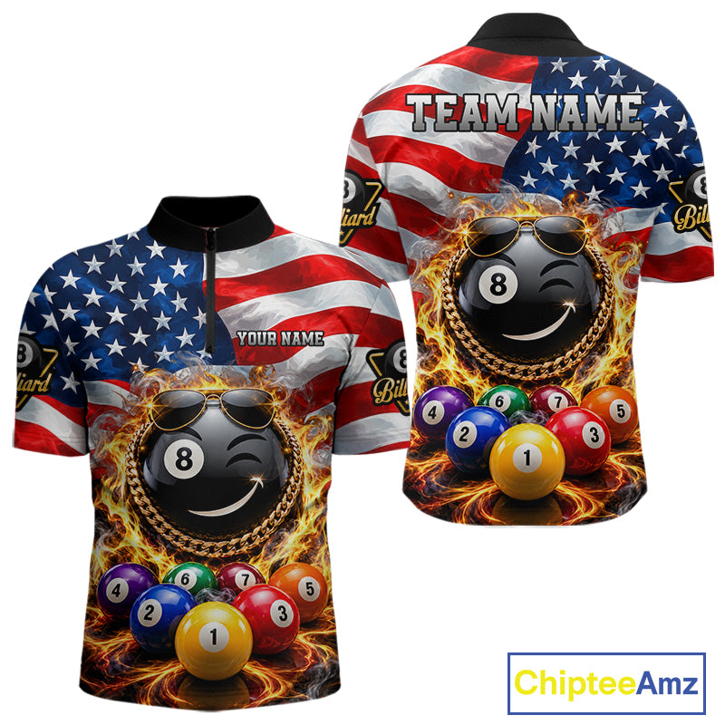 Flame Funny 8 Ball Pool Shirt For Men Custom US Flag Patriotic Billiard Tournament Shirt NYN4763
