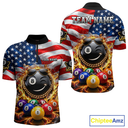 Flame Funny 8 Ball Pool Shirt For Men Custom US Flag Patriotic Billiard Tournament Shirt NYN4763