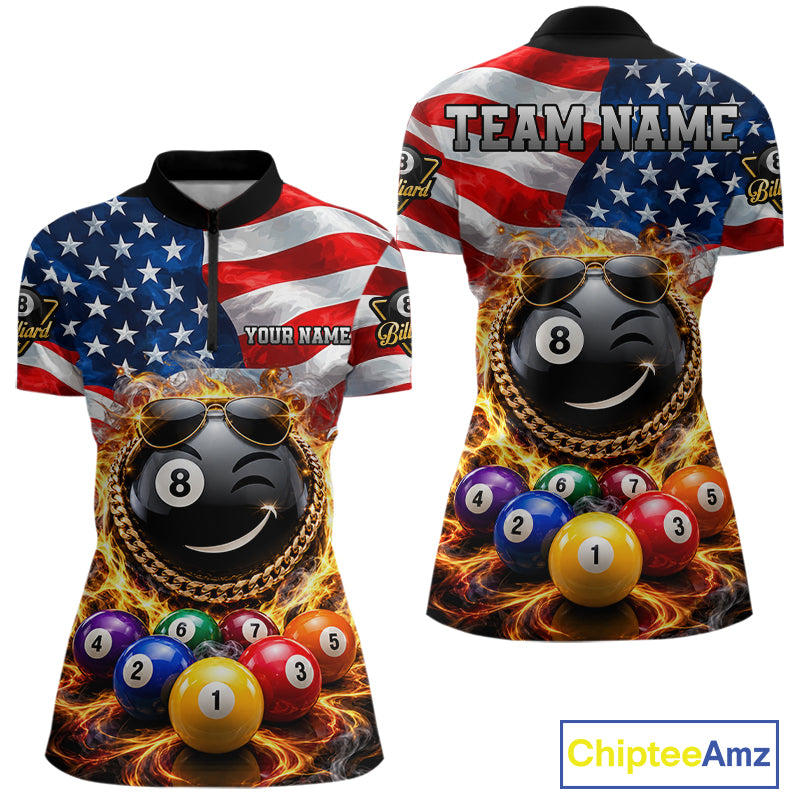 Flame Funny 8 Ball Pool Shirt For Women Custom US Flag Patriotic Billiard Tournament Shirt NYN4763