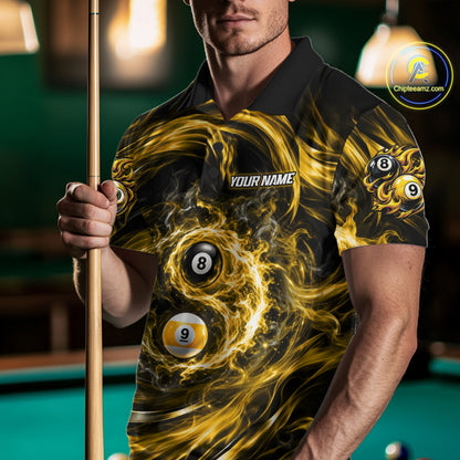 Custom Yellow Fire 8 Ball 9 Ball Billiard Polo 1/4-Zip Shirt For Men Yin-Yang Billiard Team Jersey NYN4764