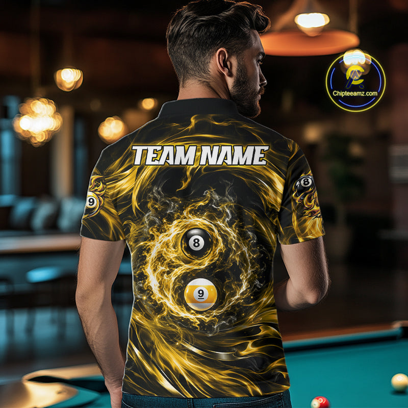 Custom Yellow Fire 8 Ball 9 Ball Billiard Polo 1/4-Zip Shirt For Men Yin-Yang Billiard Team Jersey NYN4764
