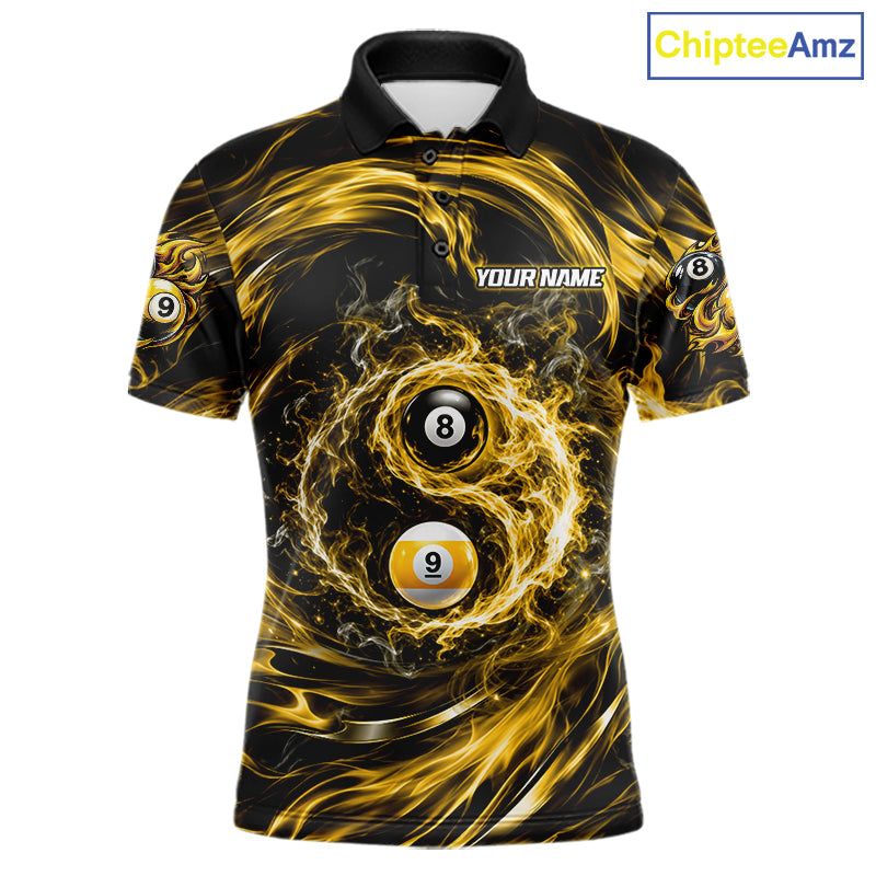 Custom Yellow Fire 8 Ball 9 Ball Billiard Polo 1/4-Zip Shirt For Men Yin-Yang Billiard Team Jersey NYN4764