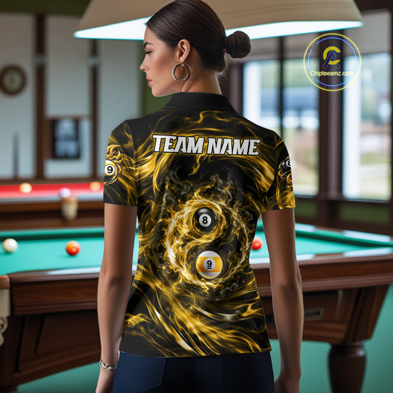 Custom Yellow Fire 8 Ball 9 Ball Billiard Polo 1/4-Zip Shirt For Women Yin-Yang Billiard Team Jersey NYN4764
