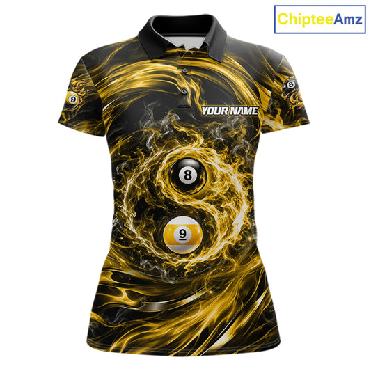 Custom Yellow Fire 8 Ball 9 Ball Billiard Polo 1/4-Zip Shirt For Women Yin-Yang Billiard Team Jersey NYN4764