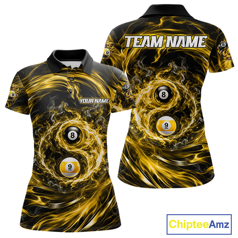 Custom Yellow Fire 8 Ball 9 Ball Billiard Polo 1/4-Zip Shirt For Women Yin-Yang Billiard Team Jersey NYN4764