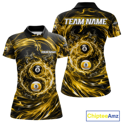 Custom Yellow Fire 8 Ball 9 Ball Billiard Polo 1/4-Zip Shirt For Women Yin-Yang Billiard Team Jersey NYN4764