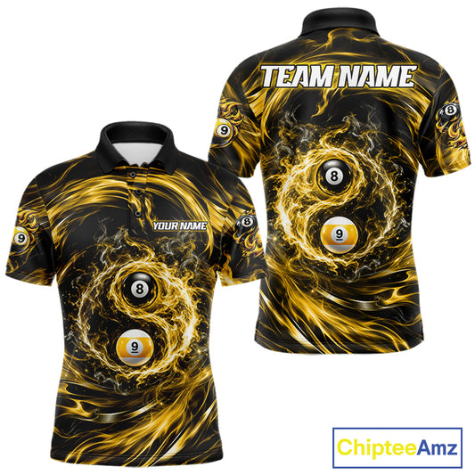 Custom Yellow Fire 8 Ball 9 Ball Billiard Polo 1/4-Zip Shirt For Men Yin-Yang Billiard Team Jersey NYN4764