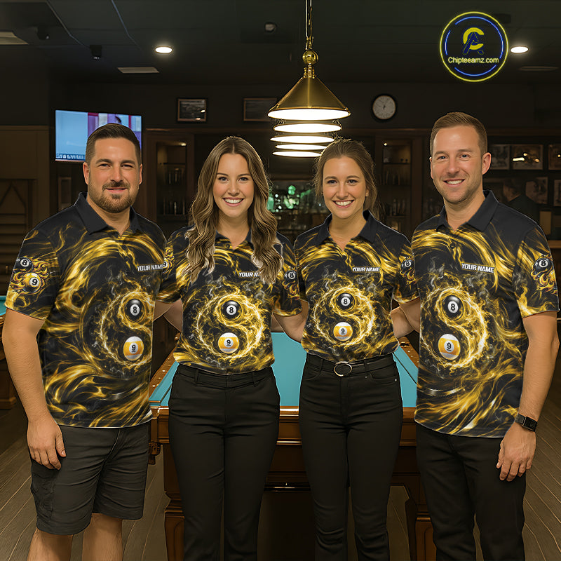Custom Yellow Fire 8 Ball 9 Ball Billiard Polo 1/4-Zip Shirt For Men Yin-Yang Billiard Team Jersey NYN4764