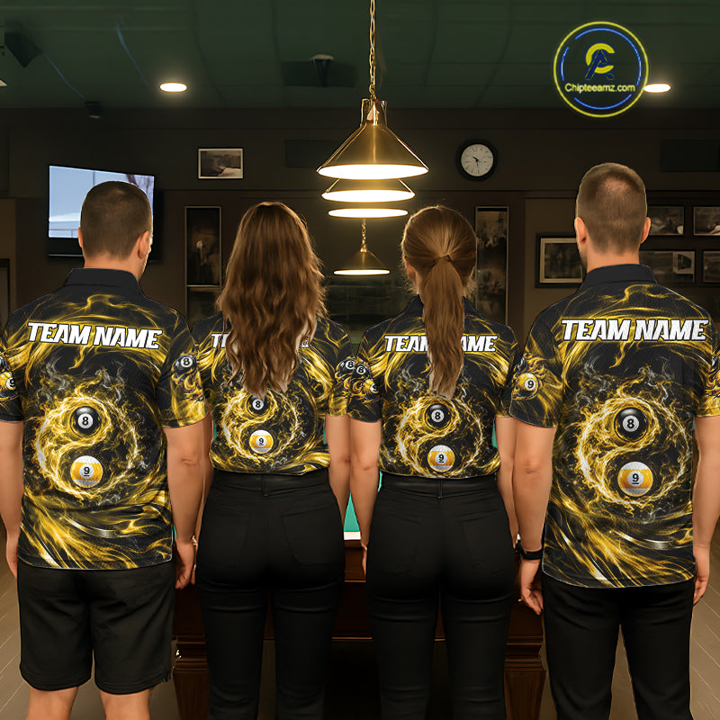 Custom Yellow Fire 8 Ball 9 Ball Billiard Polo 1/4-Zip Shirt For Men Yin-Yang Billiard Team Jersey NYN4764
