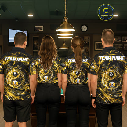 Custom Yellow Fire 8 Ball 9 Ball Billiard Polo 1/4-Zip Shirt For Men Yin-Yang Billiard Team Jersey NYN4764