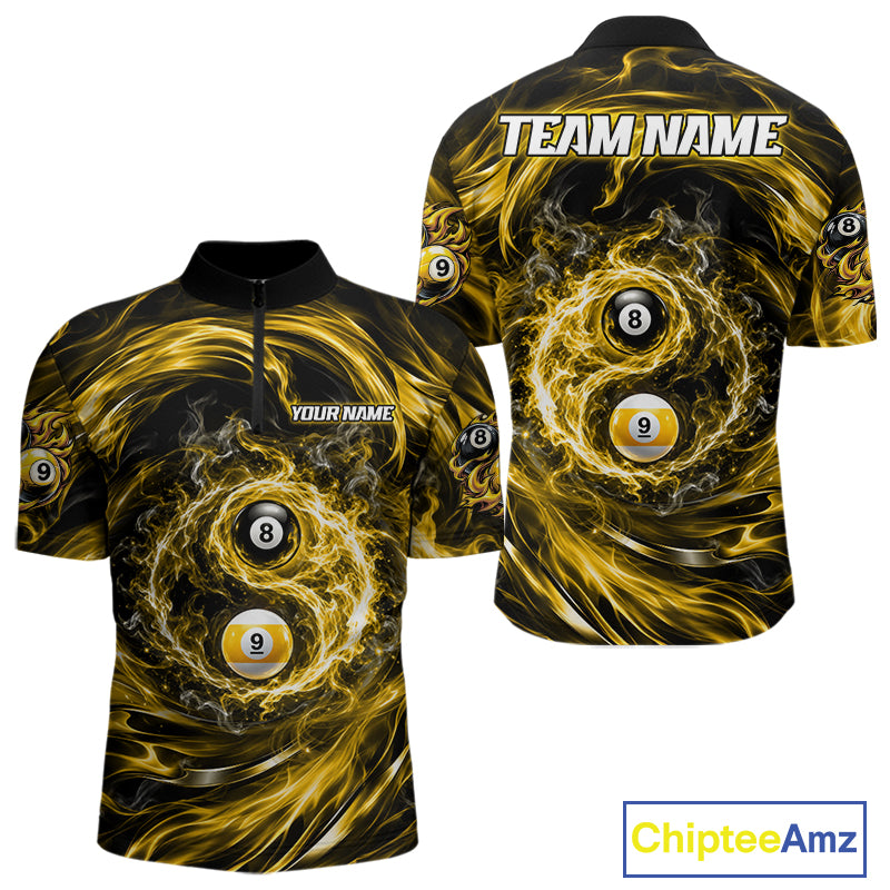 Custom Yellow Fire 8 Ball 9 Ball Billiard Polo 1/4-Zip Shirt For Men Yin-Yang Billiard Team Jersey NYN4764