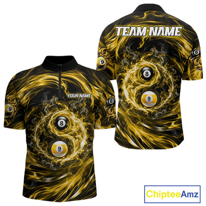 Custom Yellow Fire 8 Ball 9 Ball Billiard Polo 1/4-Zip Shirt For Men Yin-Yang Billiard Team Jersey NYN4764