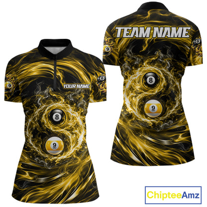 Custom Yellow Fire 8 Ball 9 Ball Billiard Polo 1/4-Zip Shirt For Women Yin-Yang Billiard Team Jersey NYN4764