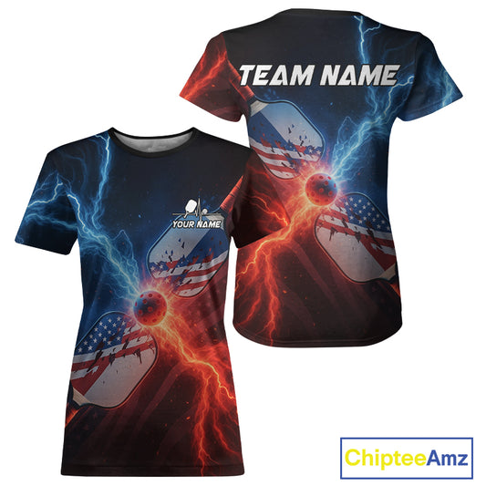 Custom Lightning US Flag Paddles Women's Pickleball T-Shirt Patriotic Pickleball Jerseys NYN1893
