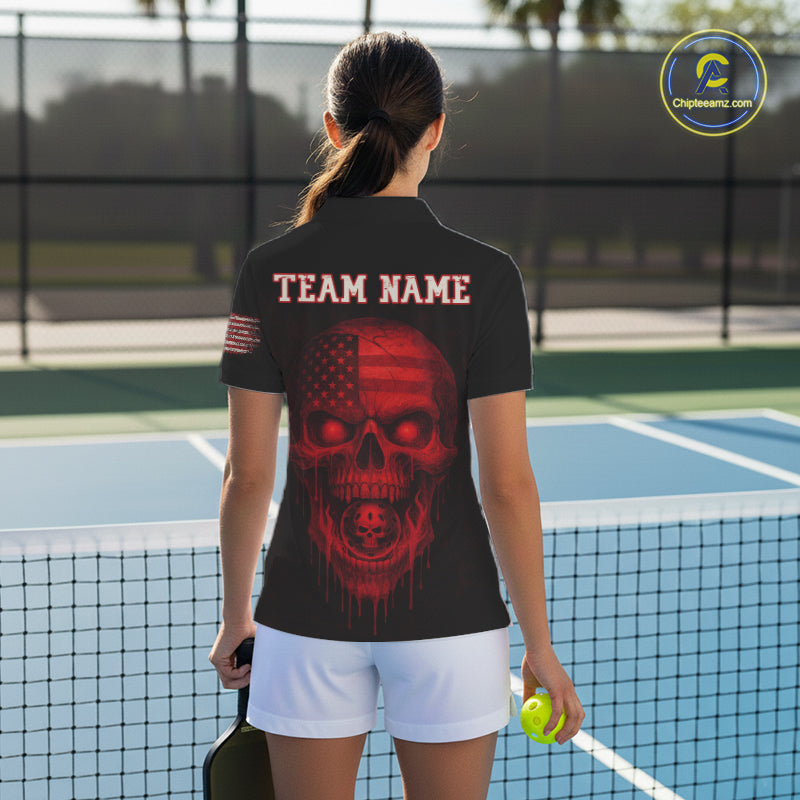 Custom Red Grunge Skull Pickleball Ball League Jerseys For Women US Flag Pickleball Shirts NYN2150