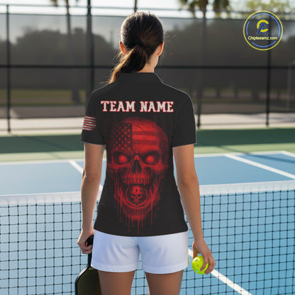 Custom Red Grunge Skull Pickleball Ball League Jerseys For Women US Flag Pickleball Shirts NYN2150
