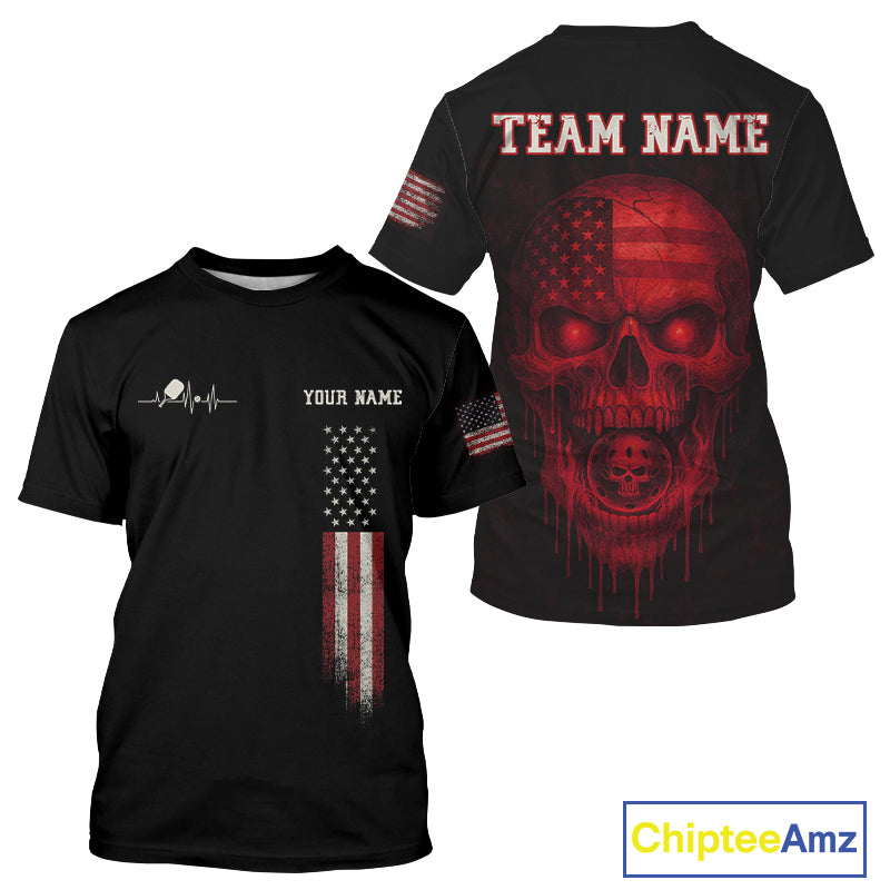 Custom Red Grunge Skull Pickleball Ball League Jerseys For Men US Flag Pickleball Shirts NYN2150