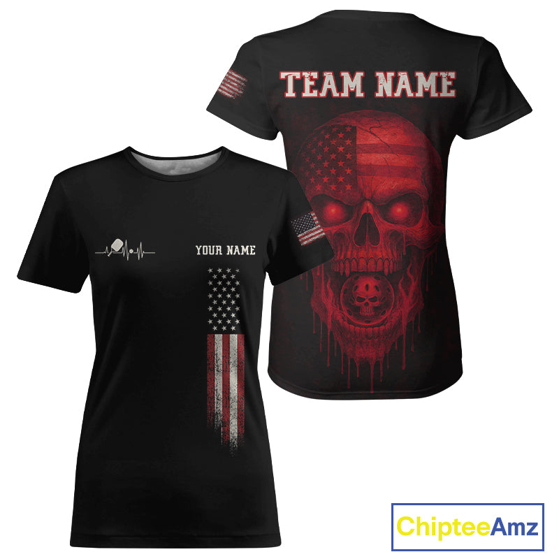 Custom Red Grunge Skull Pickleball Ball League Jerseys For Women US Flag Pickleball Shirts NYN2150