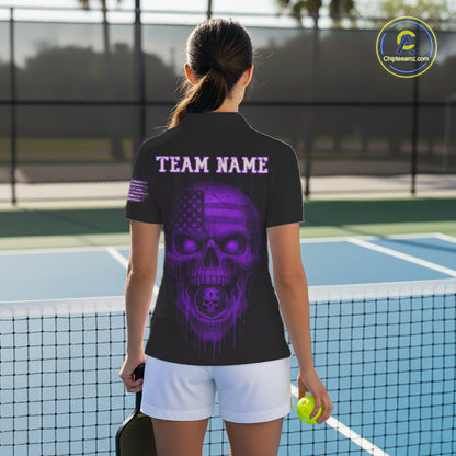 Custom Purple Grunge Skull Pickleball Ball League Jerseys For Women US Flag Pickleball Shirts NYN2151
