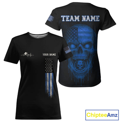 Custom Blue Grunge Skull Pickleball Ball League Jerseys For Women US Flag Pickleball Shirts NYN2152