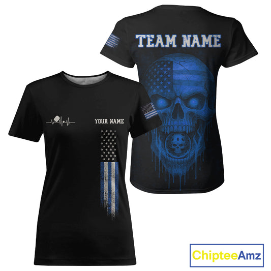 Custom Blue Grunge Skull Pickleball Ball League Jerseys For Women US Flag Pickleball Shirts NYN2152