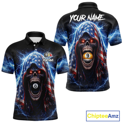 US Flag Thunder Grim Reaper 8 Ball 9 Ball Pool Men Billiard Shirt Custom Patriotic Billiard Apparel NYN2636