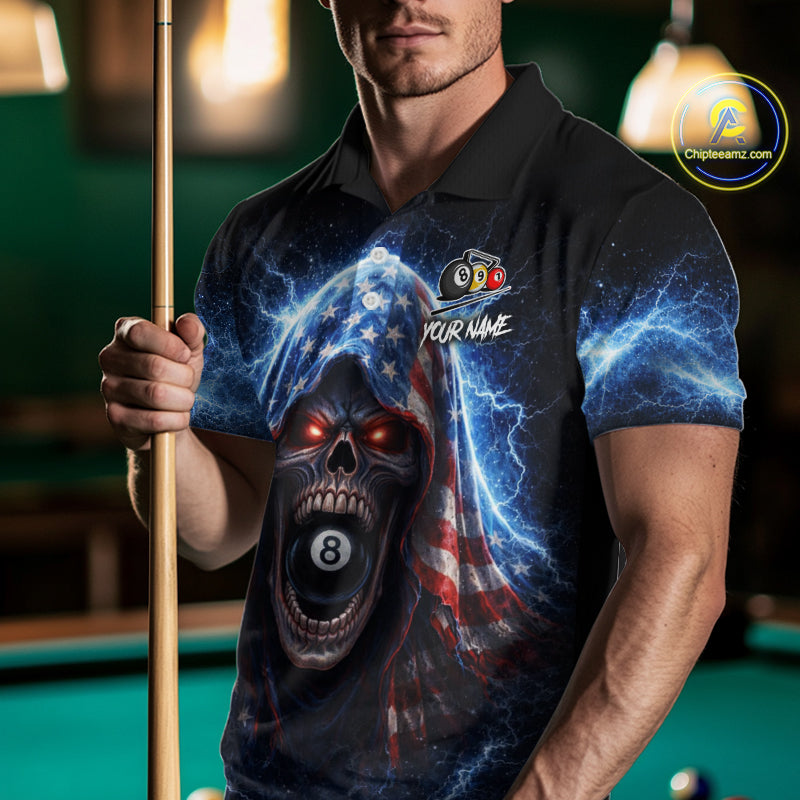 US Flag Thunder Grim Reaper 8 Ball 9 Ball Pool Men Billiard Shirt Custom Patriotic Billiard Apparel NYN2636