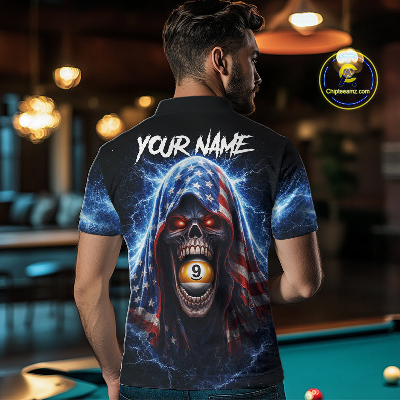 US Flag Thunder Grim Reaper 8 Ball 9 Ball Pool Men Billiard Shirt Custom Patriotic Billiard Apparel NYN2636