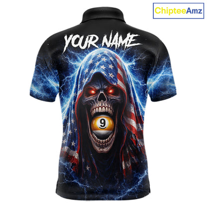 US Flag Thunder Grim Reaper 8 Ball 9 Ball Pool Men Billiard Shirt Custom Patriotic Billiard Apparel NYN2636