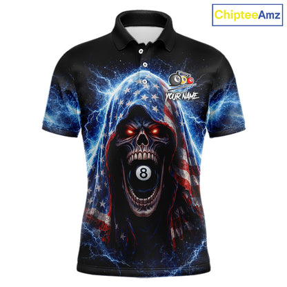 US Flag Thunder Grim Reaper 8 Ball 9 Ball Pool Men Billiard Shirt Custom Patriotic Billiard Apparel NYN2636
