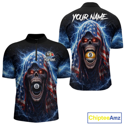 US Flag Thunder Grim Reaper 8 Ball 9 Ball Pool Men Billiard Shirt Custom Patriotic Billiard Apparel NYN2636