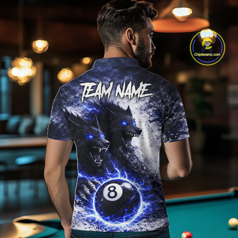 Grey & Blue Grunge Wolfs Claws Thunder 8 Ball Pool Men Billiard Shirt Custom Billiard Team Attire NYN2640